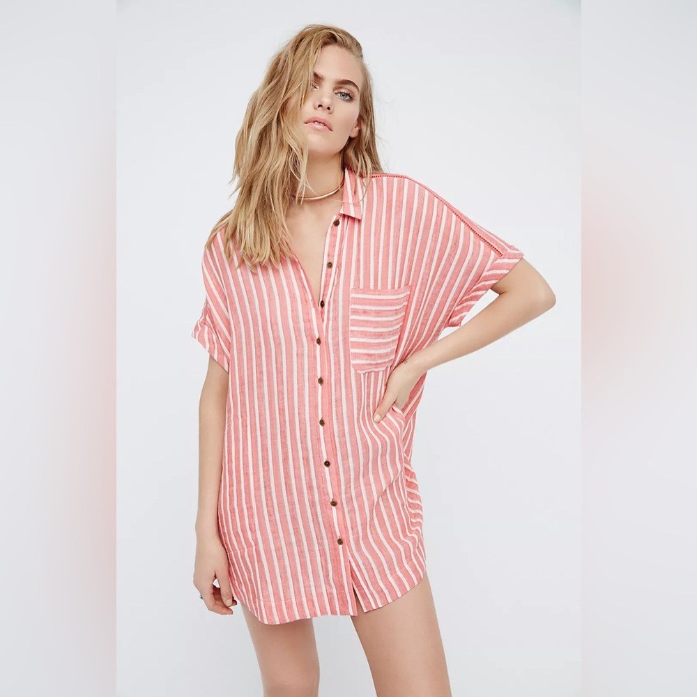 Free People Little Sway Coral Red Striped Button Down Shirt Dress